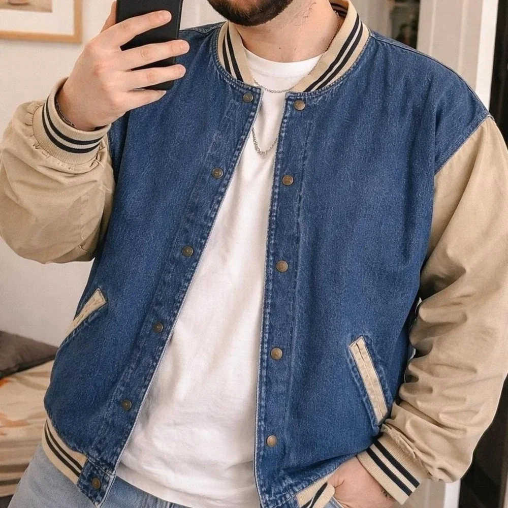 Vintage‎ HB Sport Harbor Bay Denim Varsity Jacket Mens 2X Big Oversized 90s